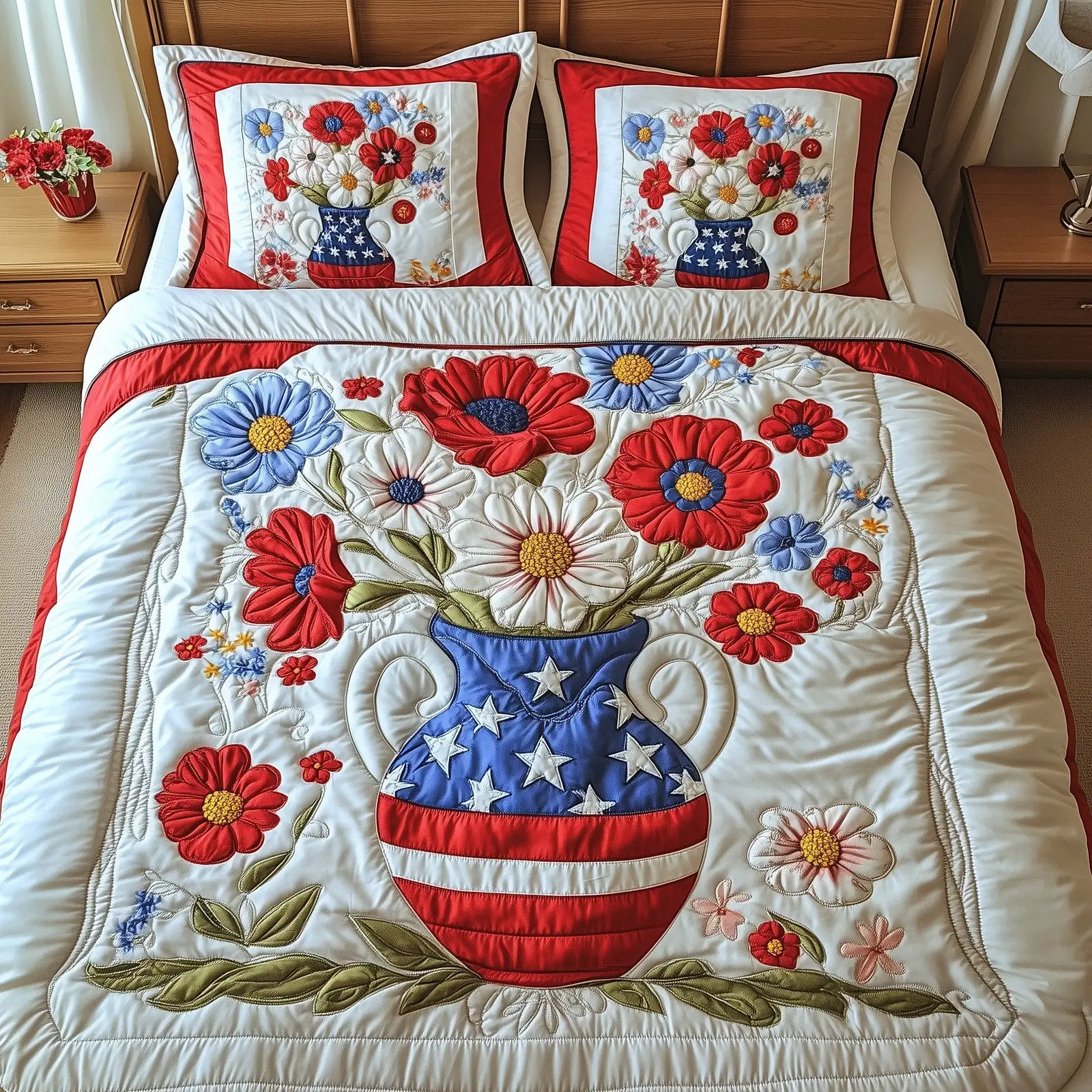 Patriotic Floral Quilted Bedding Set Floral Duvet Cover 4Th Of July Birthday Gift Ideas Patriotic Floral Quilted Bedding Set Floral Duvet Cover 4Th Of July Birthday Gift Ideas - Image 1