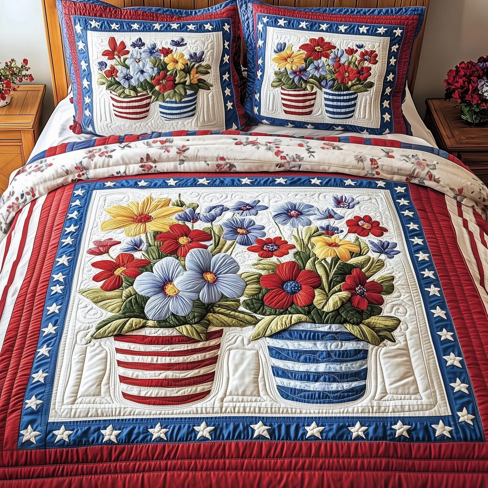 Patriotic Floral  Quilted Bedding Set King Size Bed Set 4Th Of July Neighbor Gifts