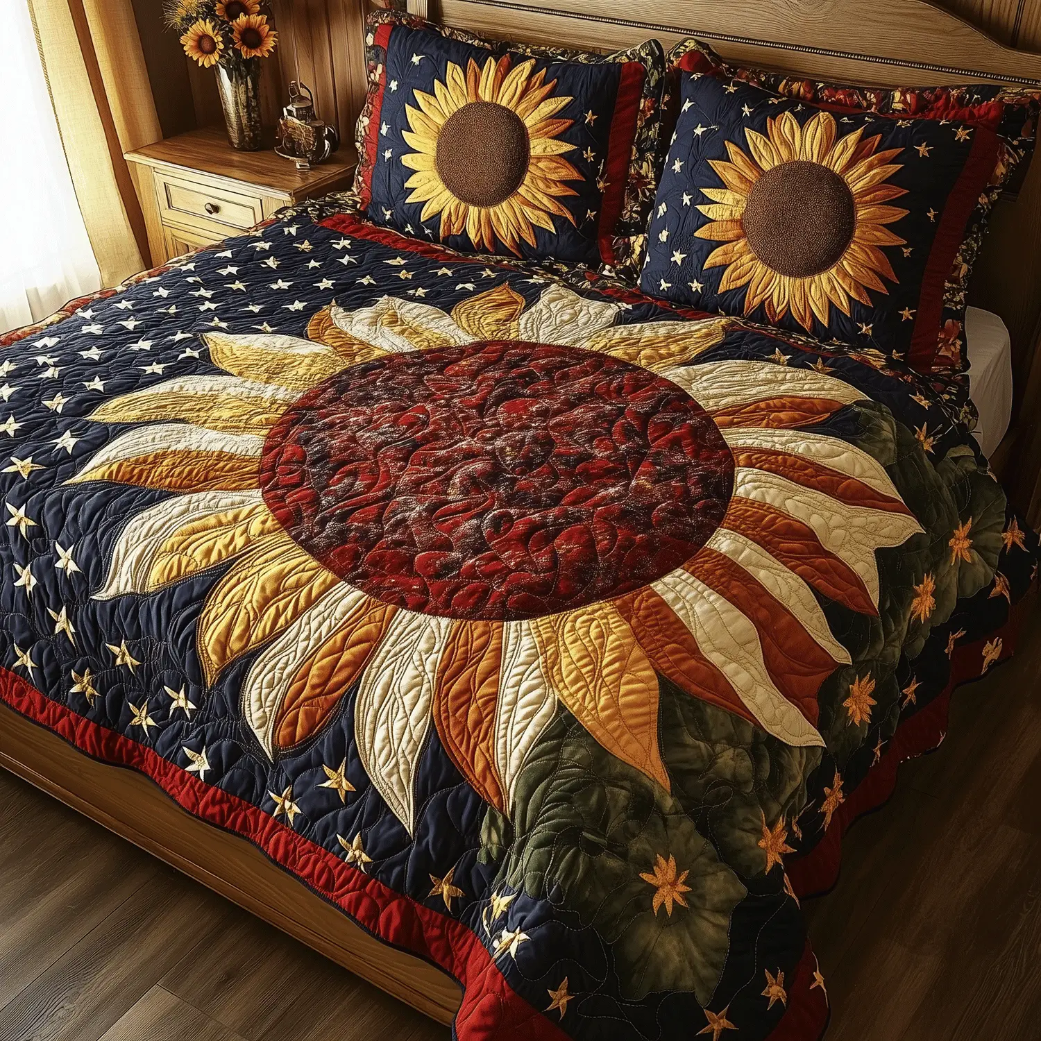 Patriotic Flower  Quilted Bedding Set  King Size Bed Set Best 4Th Of July Gifts