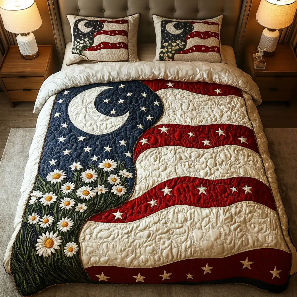 Patriotic Harmony  Quilted Bedding Set  American Flag Duvet Covers Fourth Of July Birthday Gifts