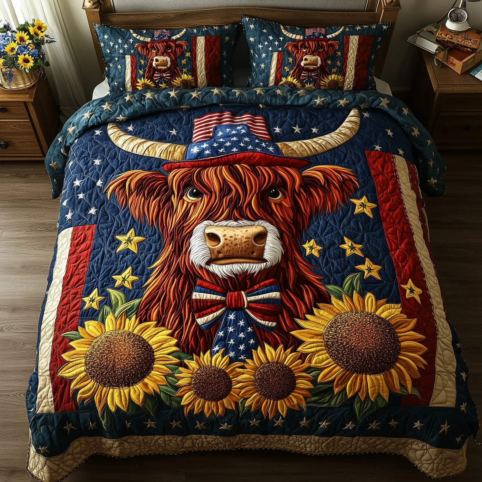 Patriotic Highland Cow  Quilted Bedding Set  4Th Of July Gifts For Coworkers