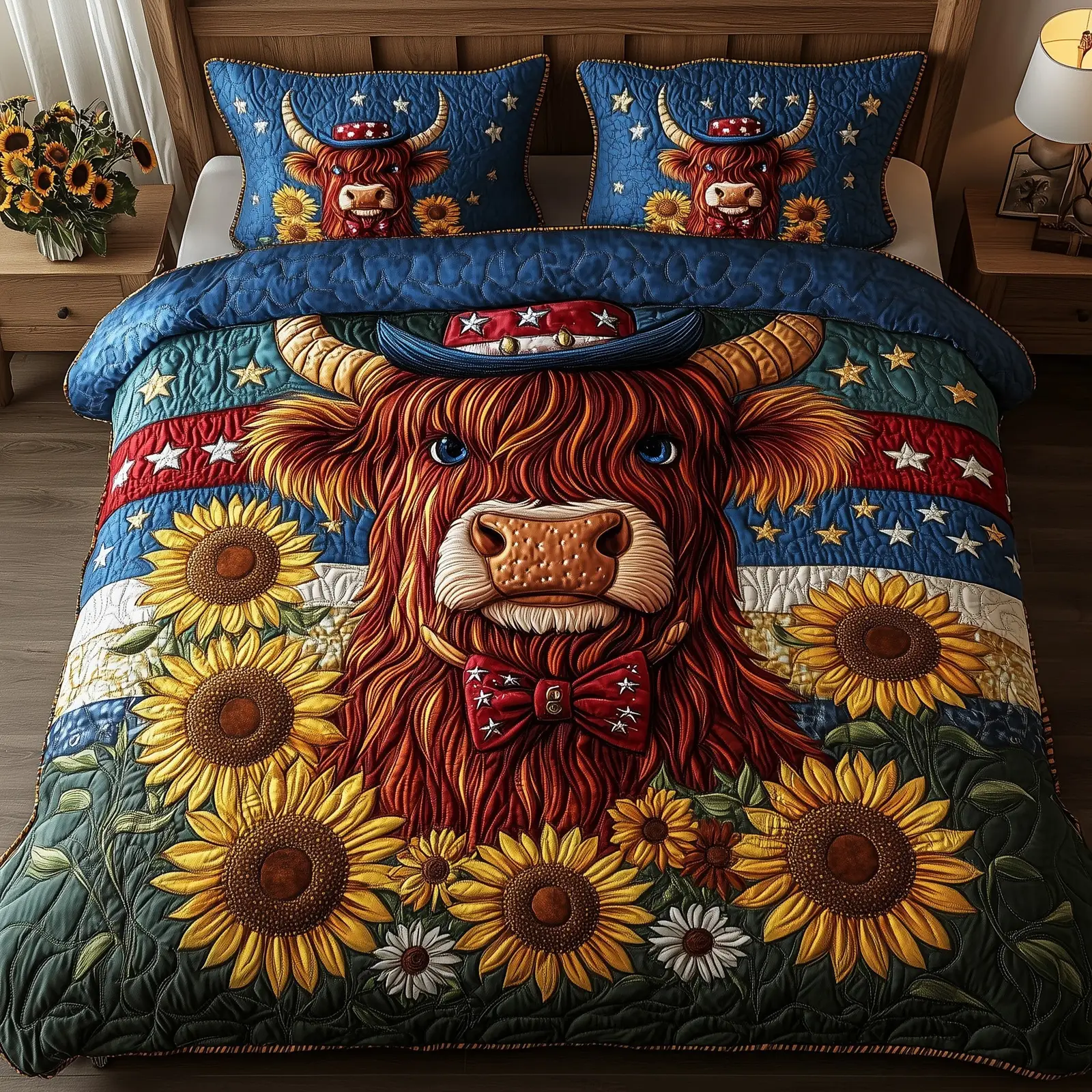 Patriotic Highland Cow  Quilted Bedding Set Best Bedding Sets 4Th Of July Neighbor Gifts
