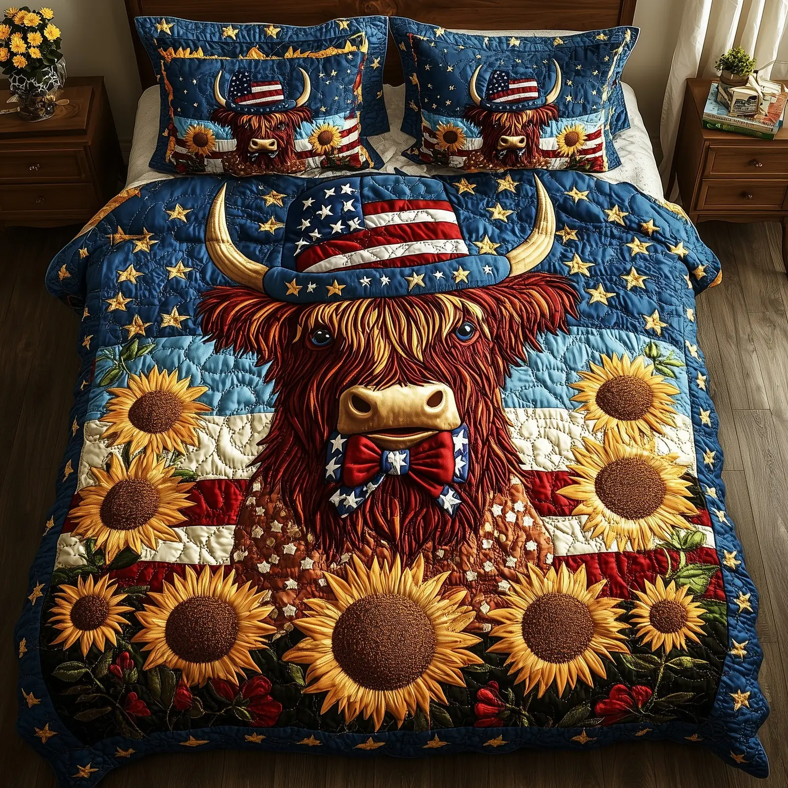 Patriotic Highland Cow  Quilted Bedding Set  Duvet Cover Queen 4Th Of July Gifts For Cow Lovers