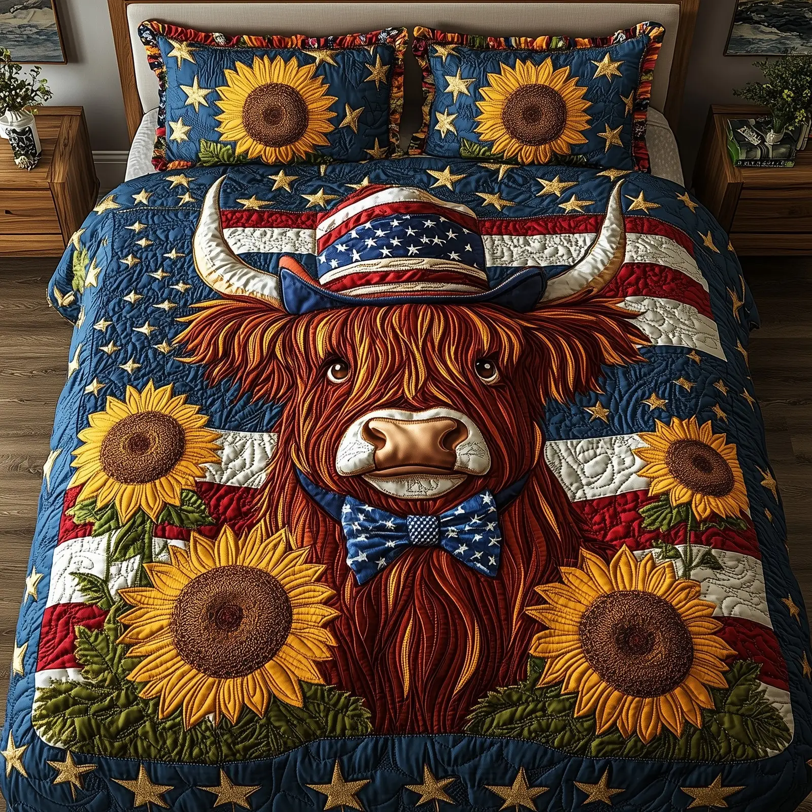Patriotic Highland Cow  Quilted Bedding Set  Duvet Cover Queen 4Th Of July Neighbor Gifts