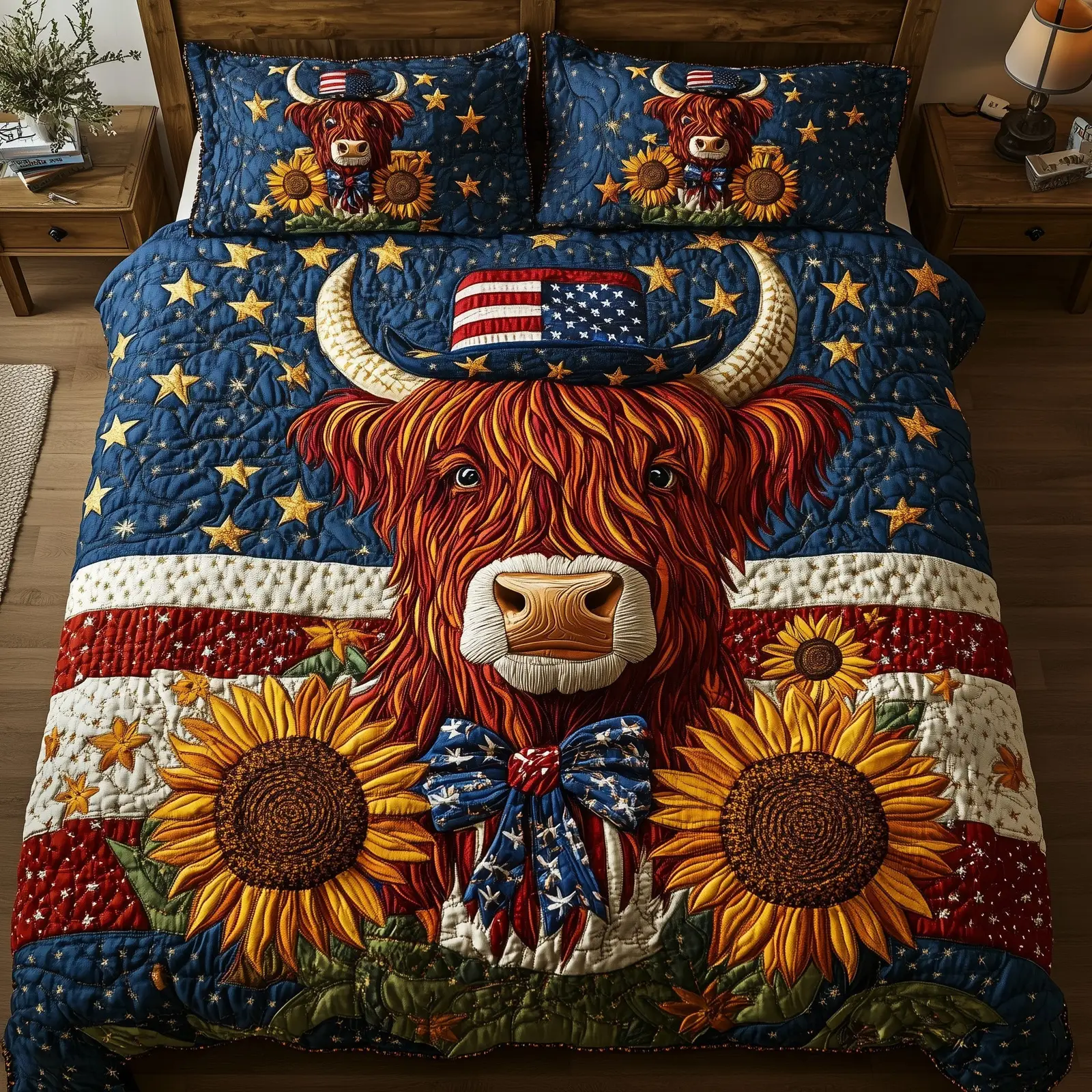 Patriotic Highland Cow  Quilted Bedding Set  Duvet Cover Queen Best 4Th Of July Gifts