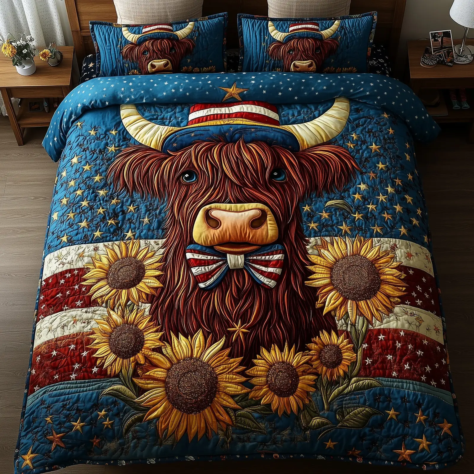 Patriotic Highland Cow Quilted Bedding Set Duvet Cover Queen Cute 4Th Of July Gifts Patriotic Highland Cow Quilted Bedding Set Duvet Cover Queen Cute 4Th Of July Gifts - Image 1