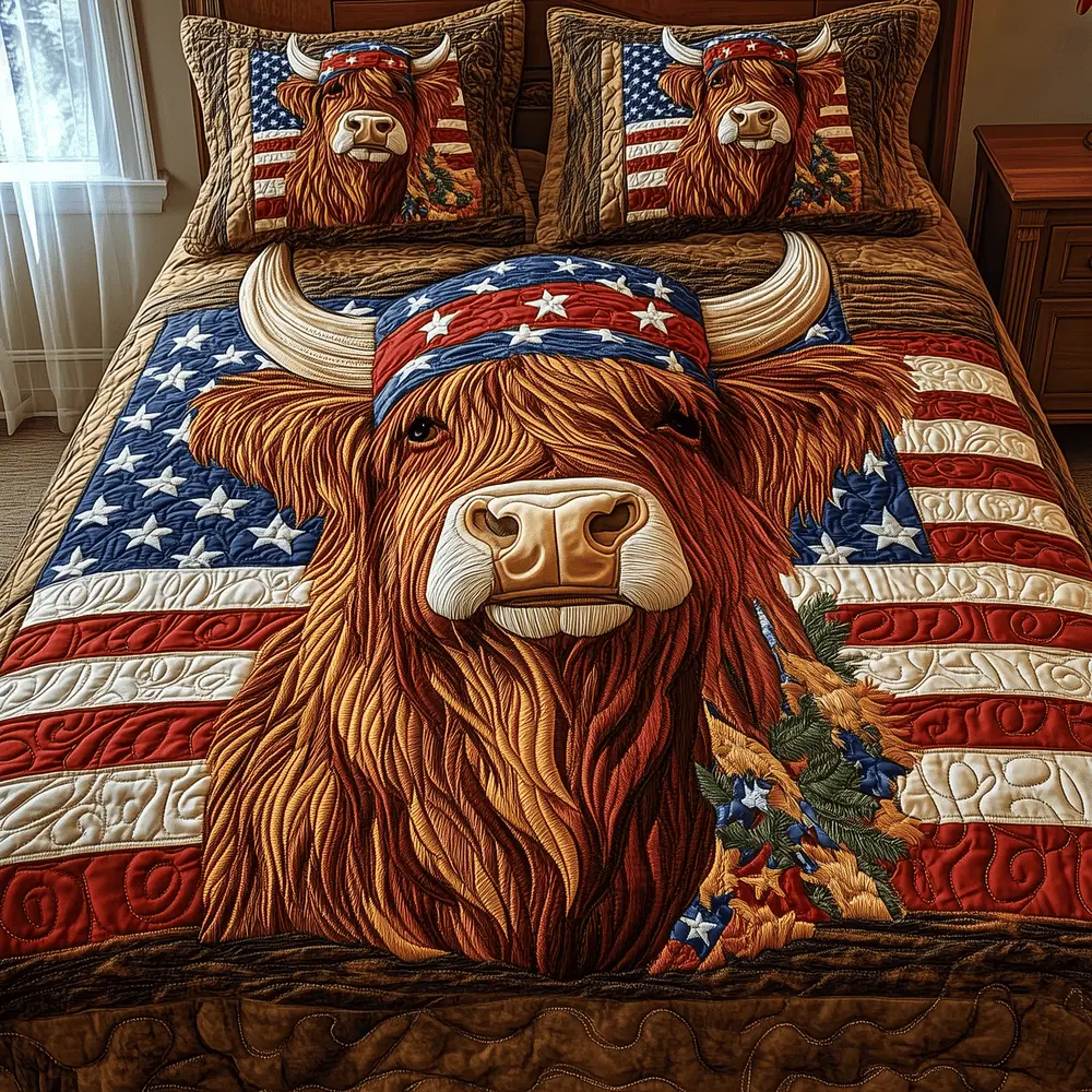 Patriotic Highland Cow  Quilted Bedding Set Floral Duvet Cover 4Th Of July Birthday Gift Ideas