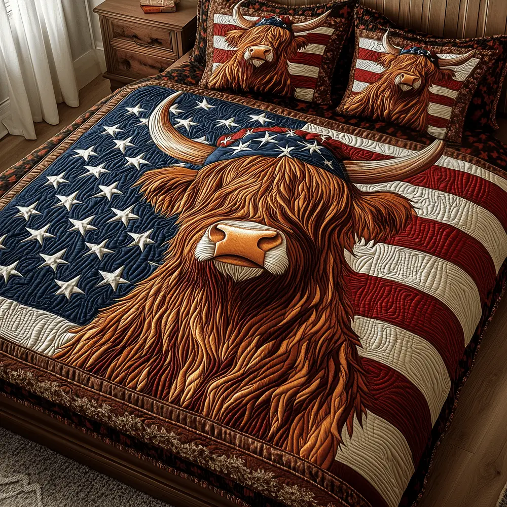 Patriotic Highland Cow Quilted Bedding Set King Size Duvet Cover Fourth Of July Gifts