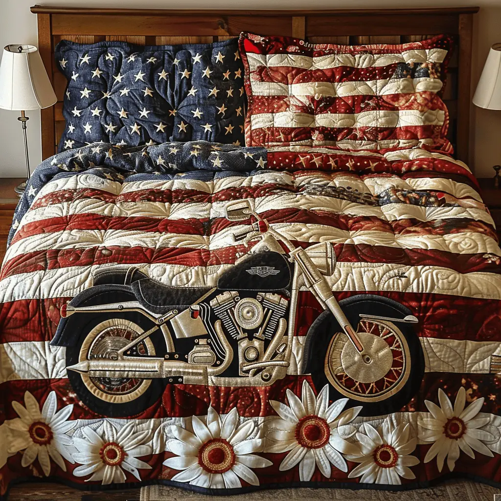 Patriotic Highway  Quilted Bedding Set  Floral Duvet Covers Fourth Of July Birthday Gifts