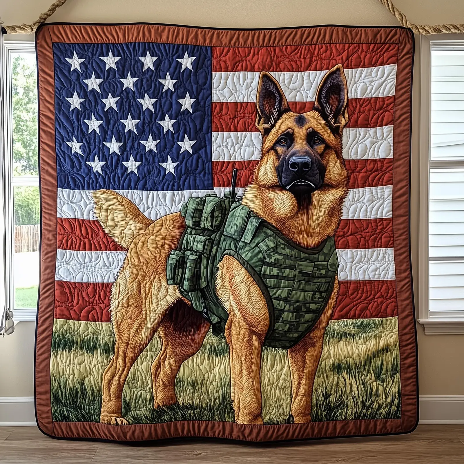 Patriotic K9 Guardian Quilted Blanket German Military Dog USA Flag Patriotic Gifts For Veterans