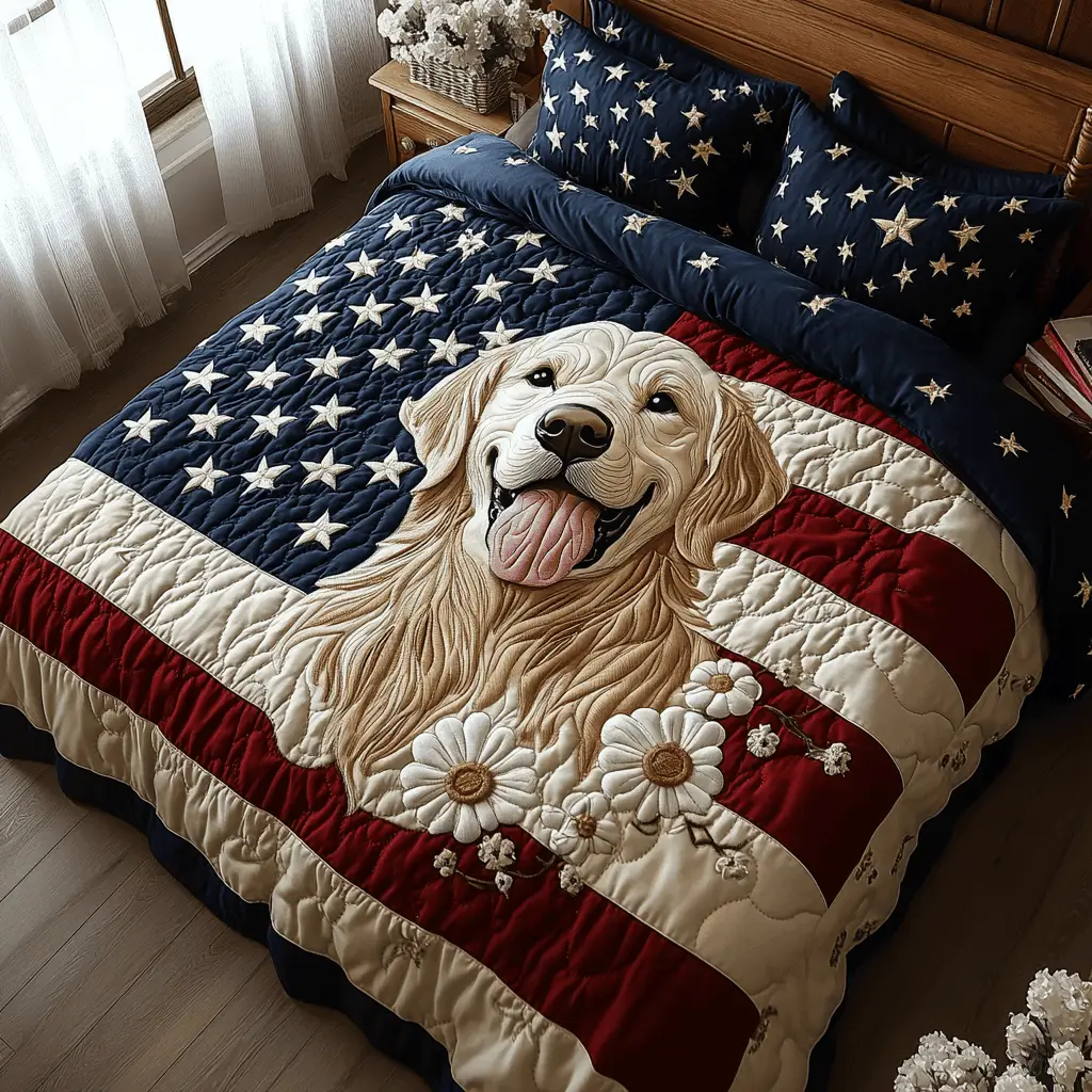 Patriotic Retriever Quilted Bedding Set King Size Bed Set Best 4Th Of July Gifts Patriotic Retriever Quilted Bedding Set King Size Bed Set Best 4Th Of July Gifts - Image 1