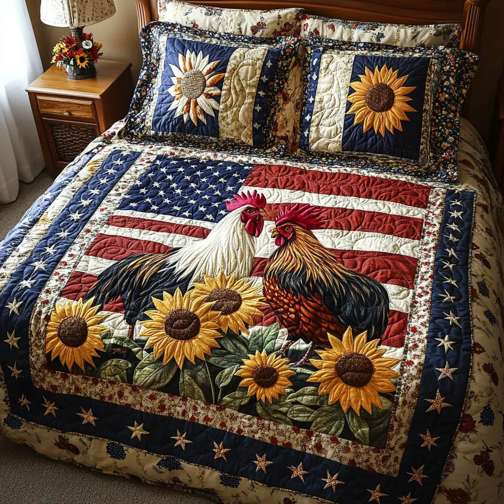 Patriotic Rooster Quilted Bedding Set King Size Bed Set Best 4Th Of July Gifts Patriotic Rooster Quilted Bedding Set King Size Bed Set Best 4Th Of July Gifts - Image 1
