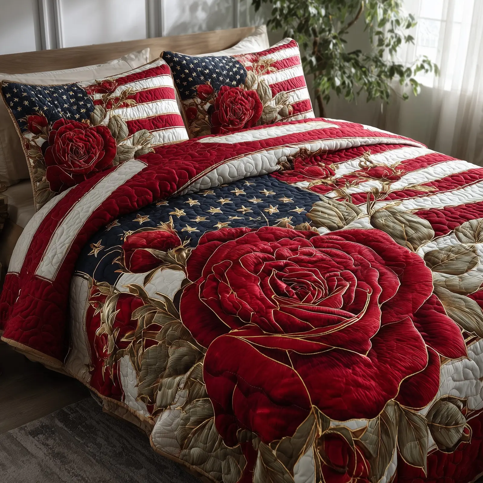 Patriotic Rose Quilted Bedding Set Classic Style