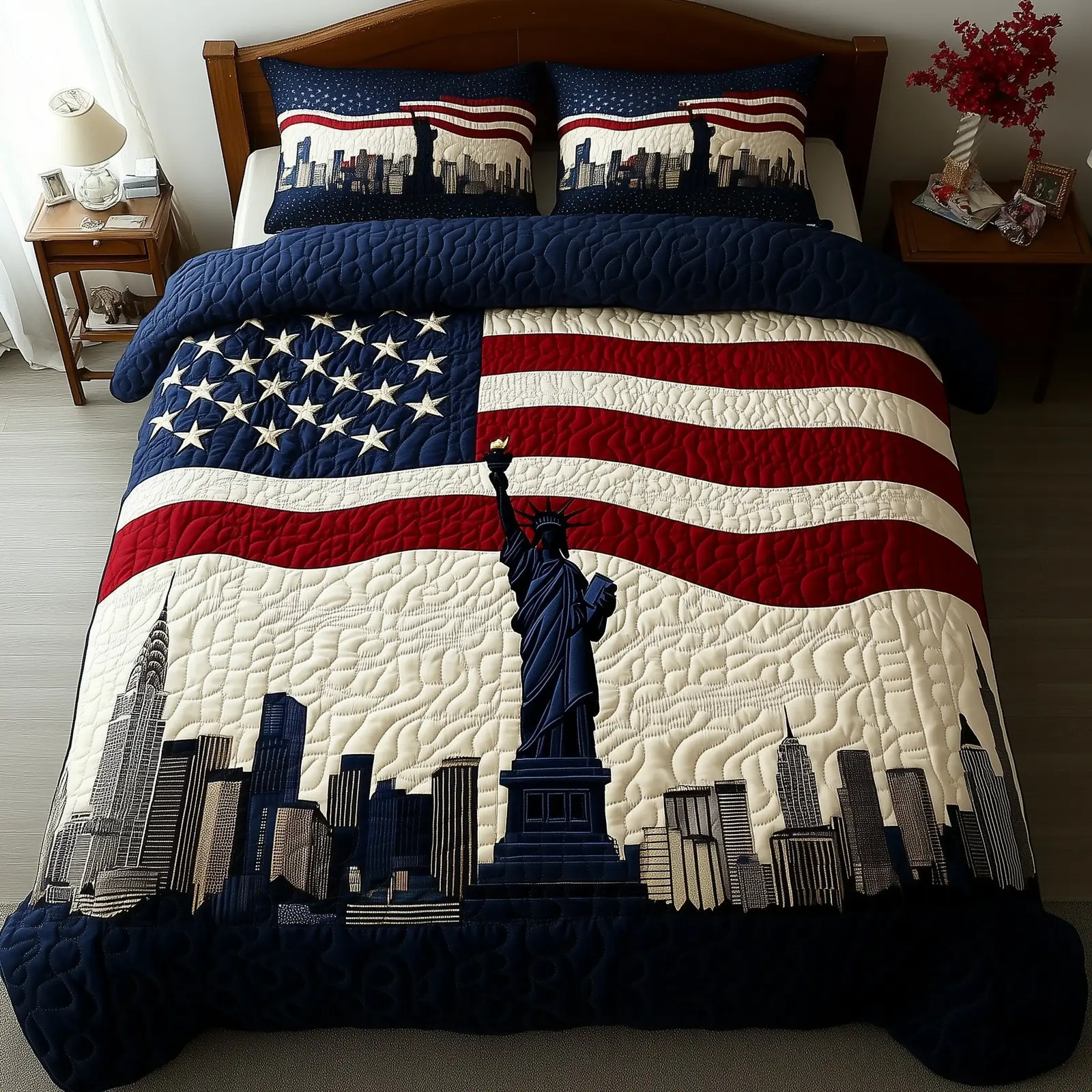 Patriotic Skyline  Quilted Bedding Set  Fourth Of July Birthday Presents