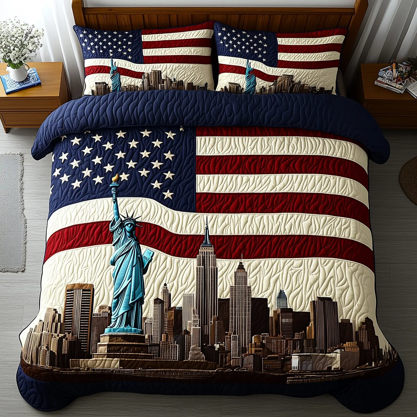 Patriotic Skyline Quilted Bedding Set King Size Bed Set 4Th Of July Neighbor Gifts