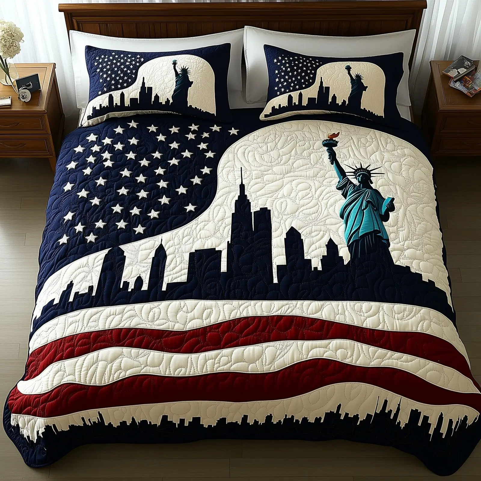 Patriotic Skyline  Quilted Bedding Set King Size Bed Set 4Th Of July Party Gifts