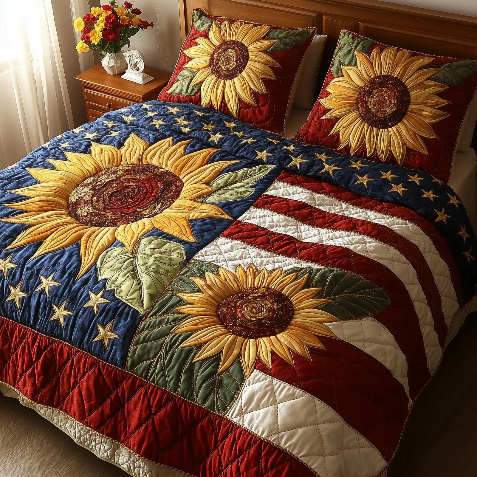 Patriotic Suower  Quilted Bedding Set Floral Duvet Cover 4Th Of July Birthday Gift Ideas