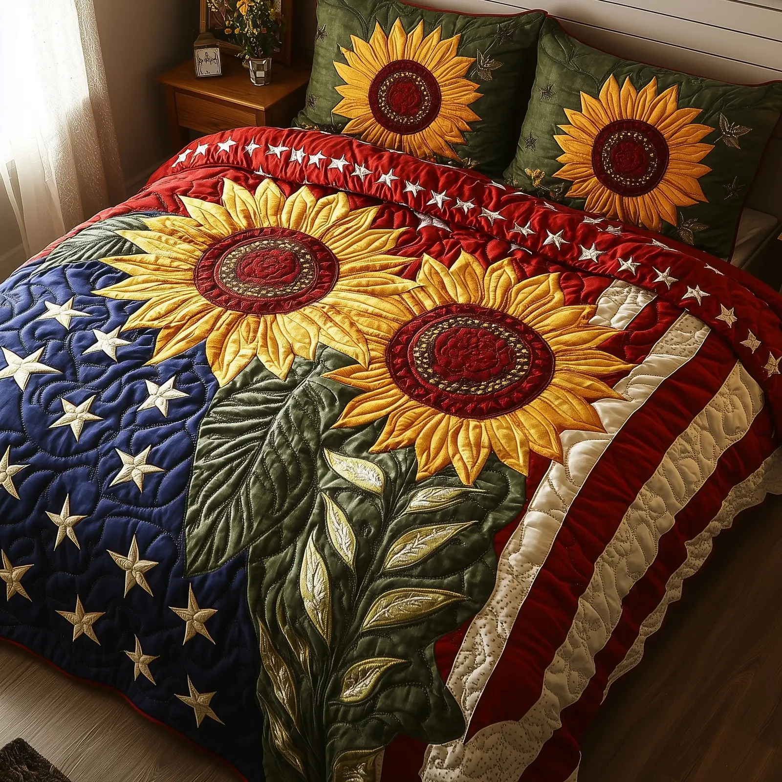Patriotic Suower  Quilted Bedding Set Floral Duvet Cover 4Th Of July Gifts For Coworkers
