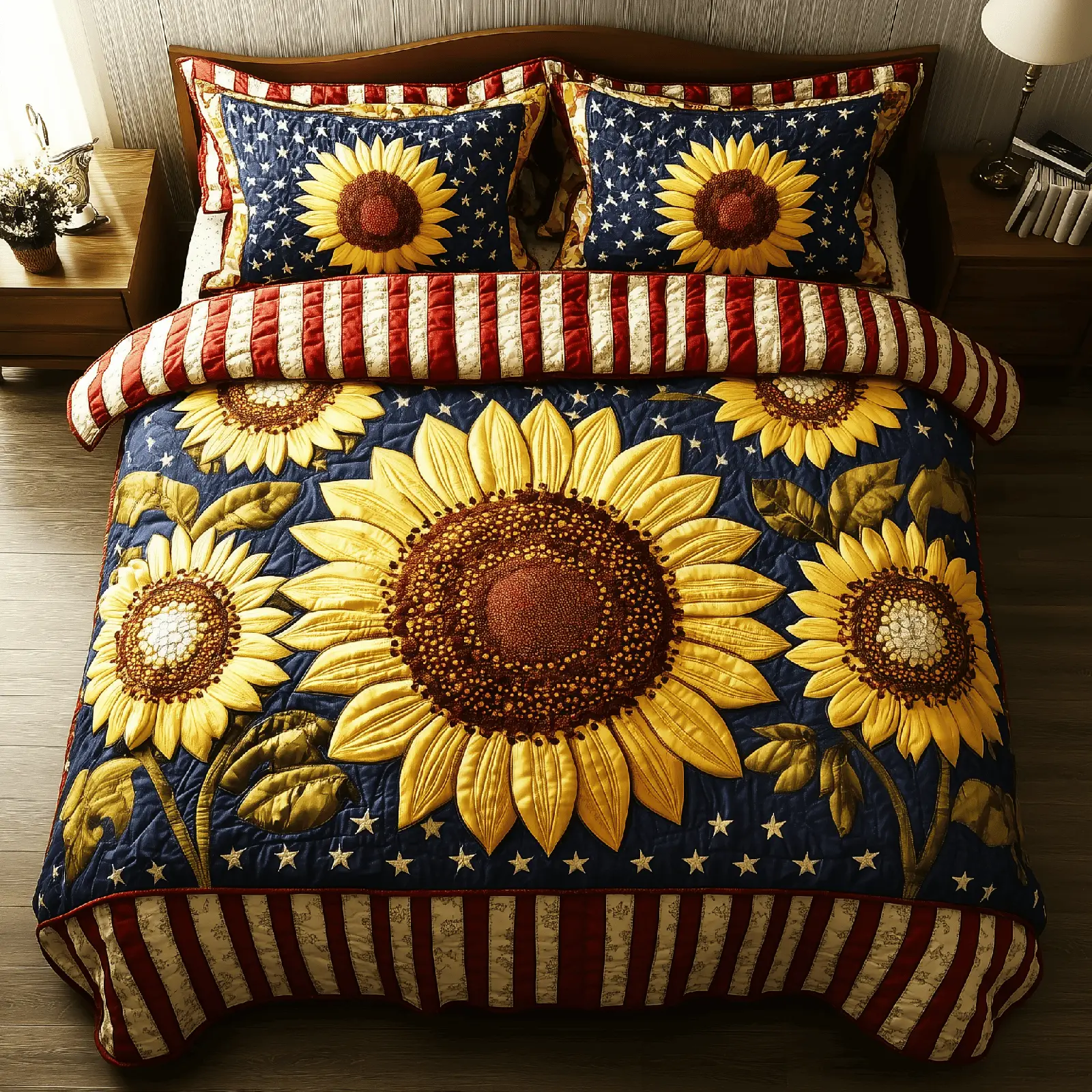 Patriotic Suower  Quilted Bedding Set  King Size Duvet Cover Best 4Th Of July Gifts