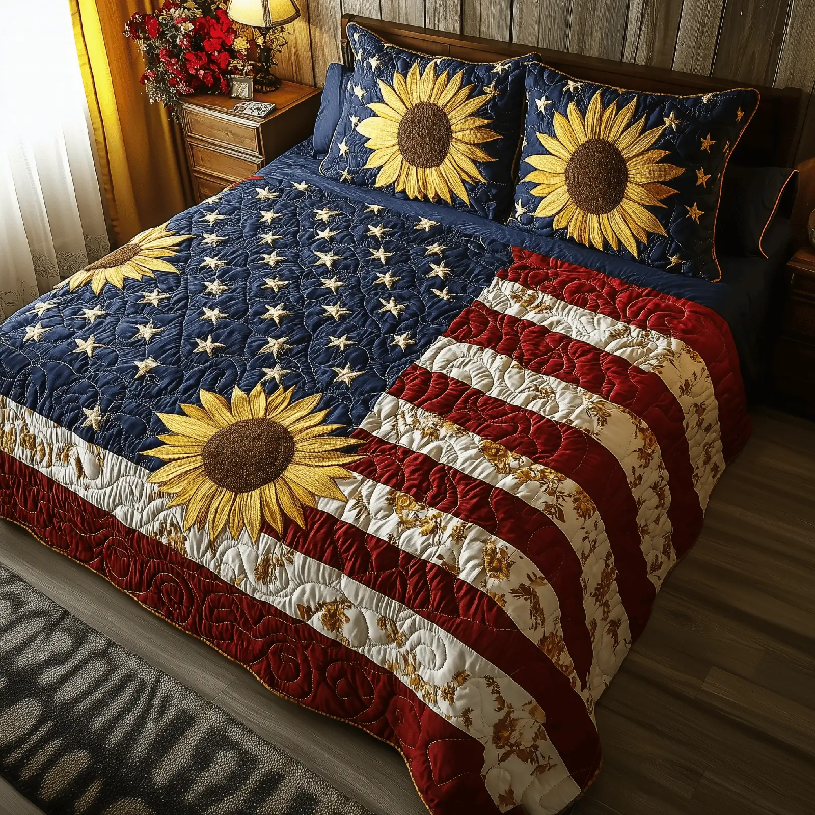 Patriotic Suower  Quilted Bedding Set King Size Duvet Cover Best 4Th Of July Gifts