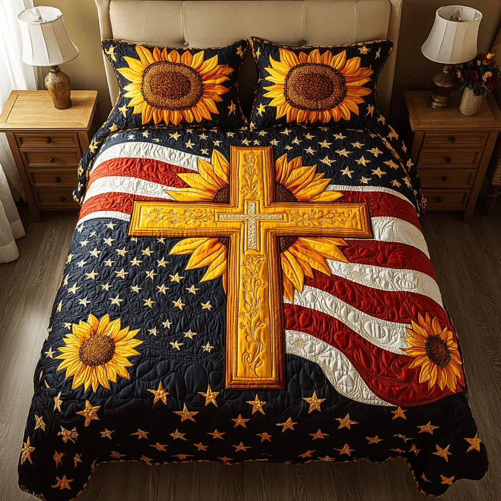 Patriotic Suowers  Quilted Bedding Set  Floral Duvet Covers Fourth Of July Birthday Gifts
