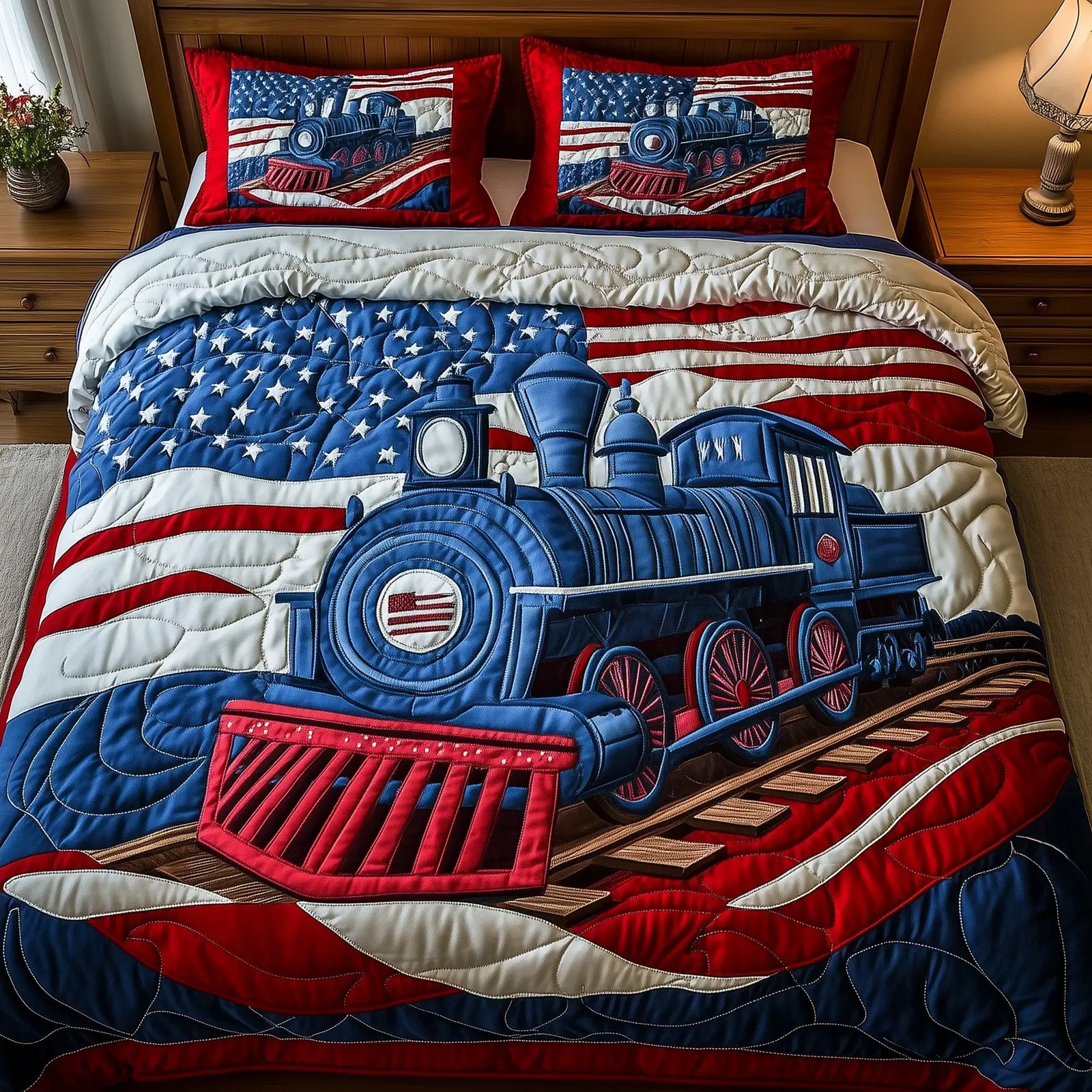 Patriotic Tracks  Quilted Bedding Set Floral Duvet Cover 4Th Of July Birthday Gift Ideas