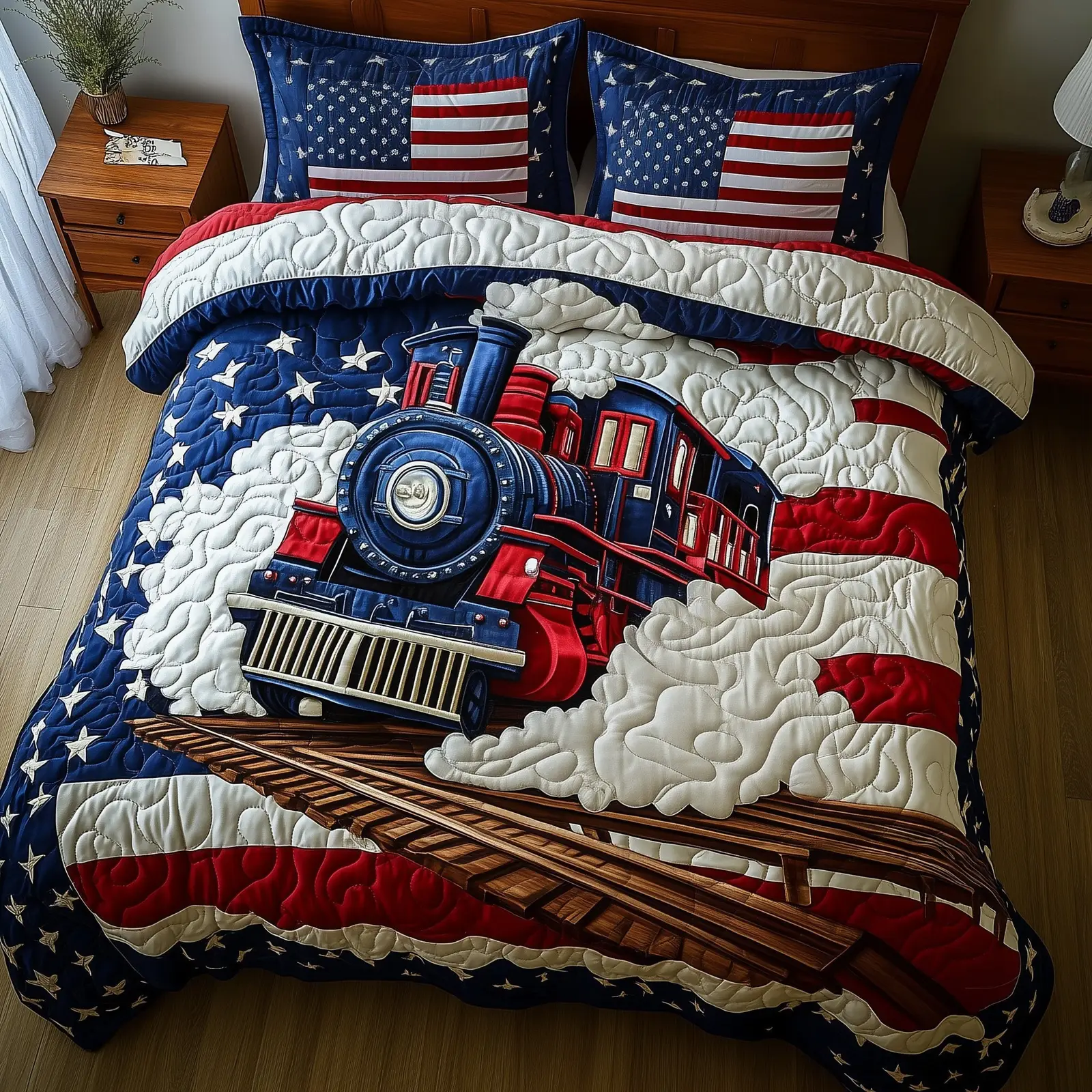 Patriotic Tracks  Quilted Bedding Set King Size Bed Set 4Th Of July Neighbor Gifts