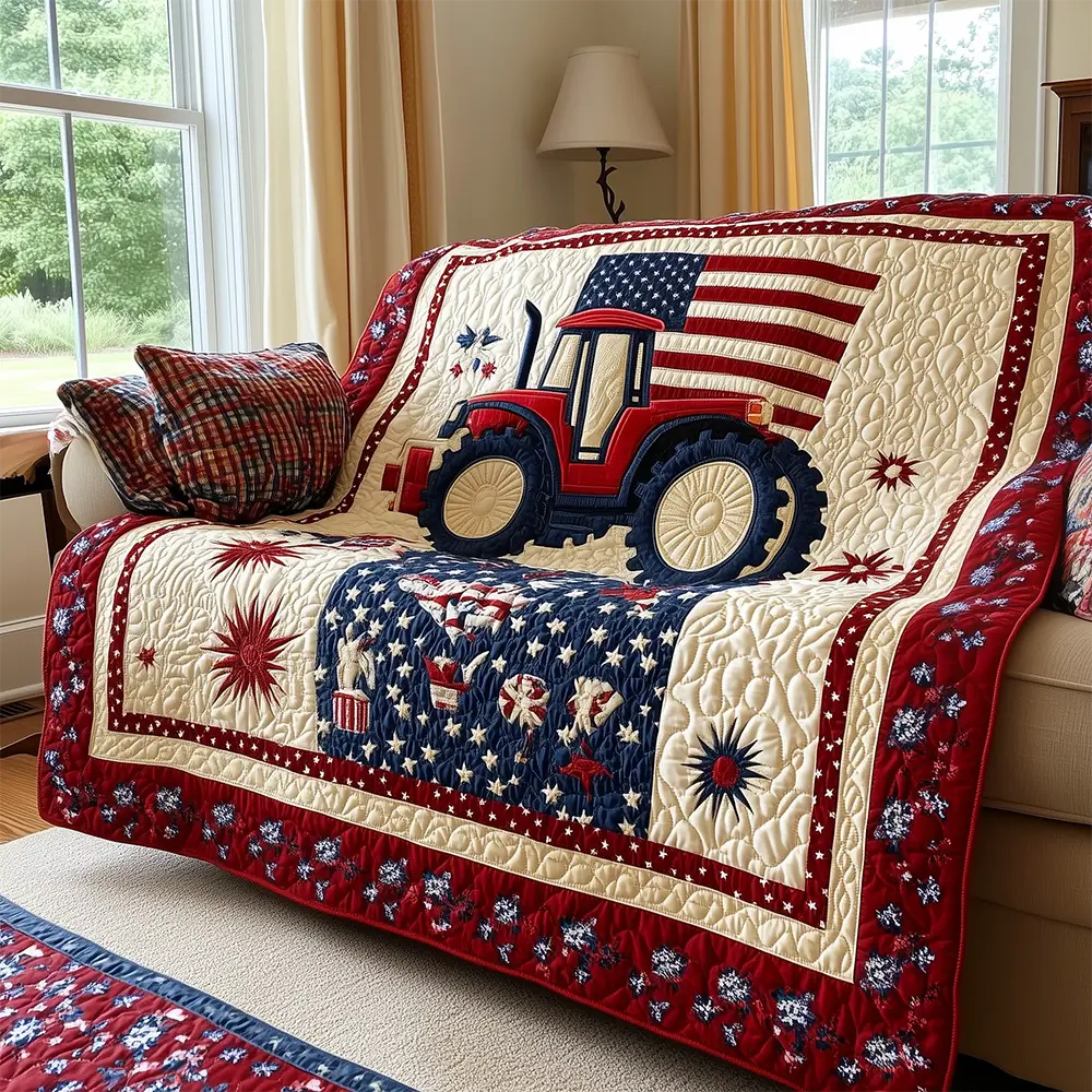Patriotic Tractor Quilted Blanket American Flag Farm Unique Farmer Tractor Gifts For Him