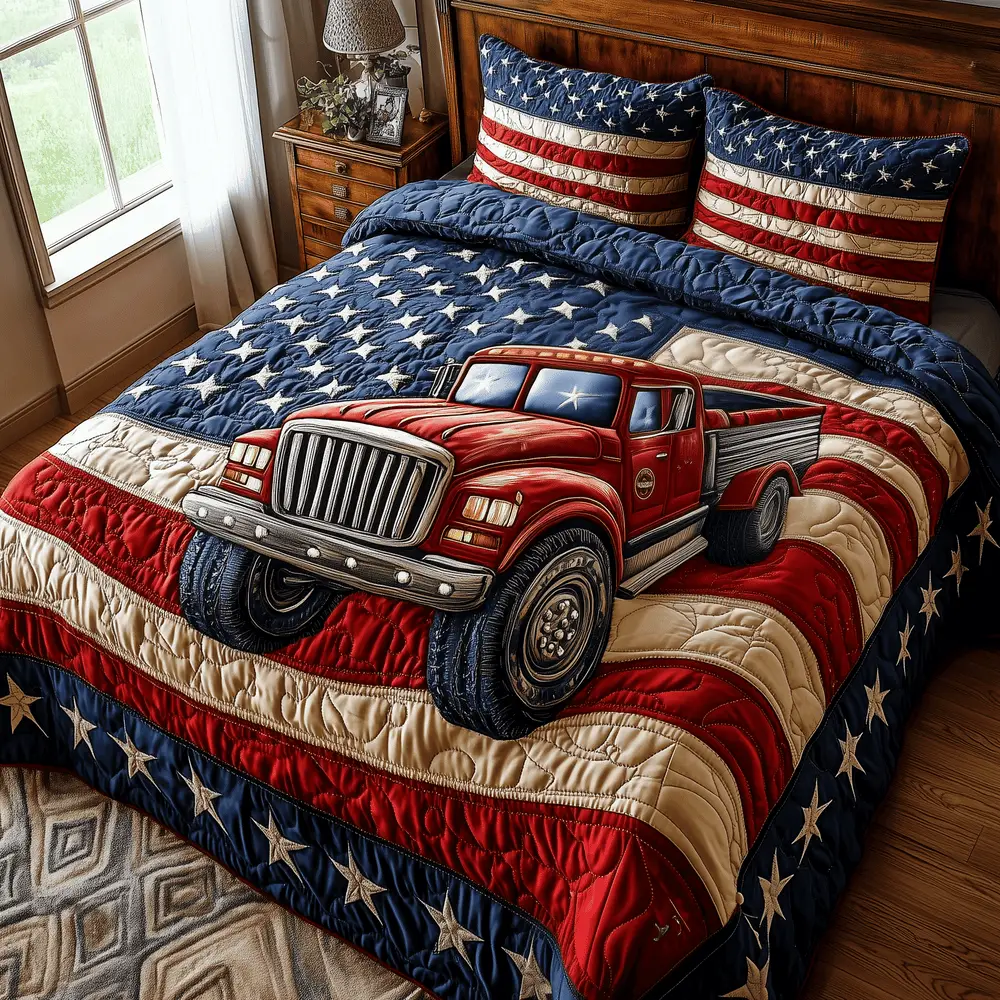 Patriotic Truck  Quilted Bedding Set  Floral Duvet Cover 4Th Of July Birthday Gift Ideas