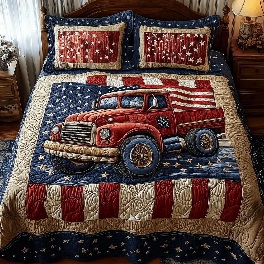 Patriotic Truck  Quilted Bedding Set  King Size Bed Set 4Th Of July Neighbor Gifts