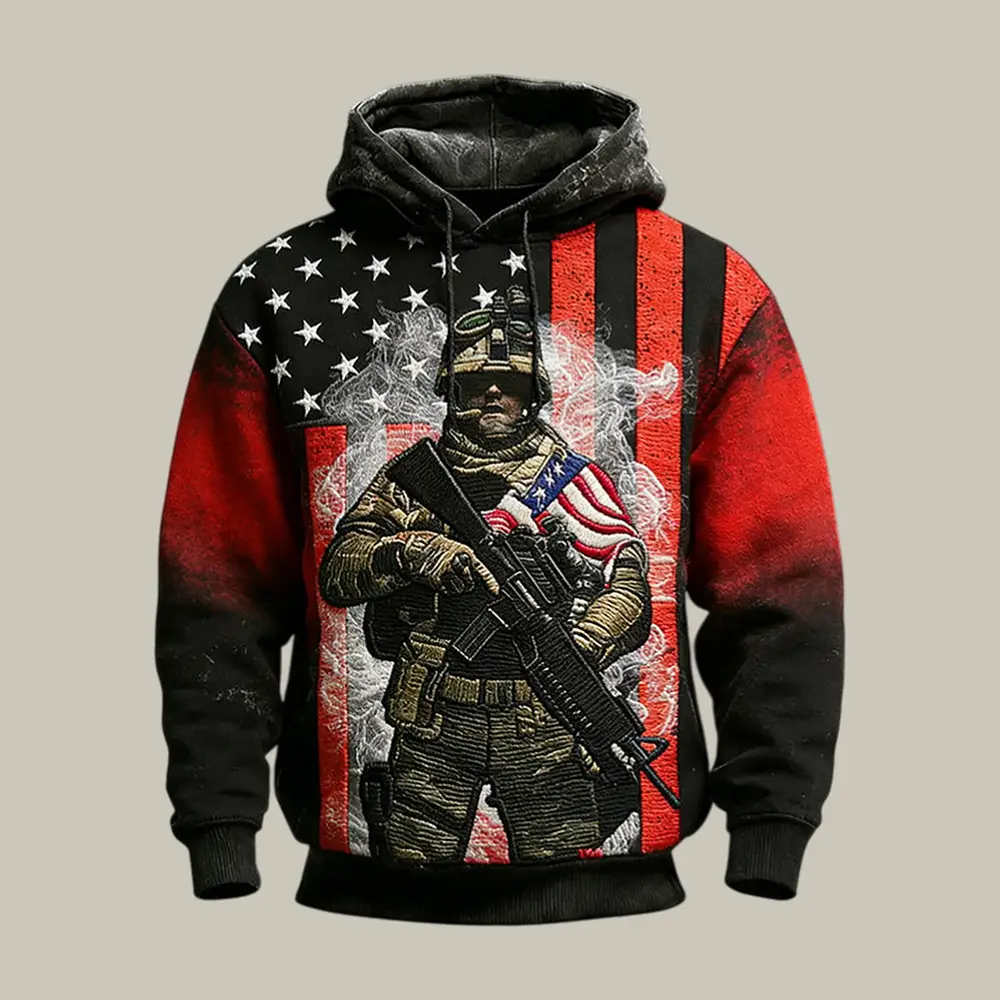 Patriotic Veteran Graphic American Flag Hoodie Commemorative Clothing Veteran Themed Gift Patriotic Veteran Graphic American Flag Hoodie Commemorative Clothing Veteran Themed Gift - Image 1