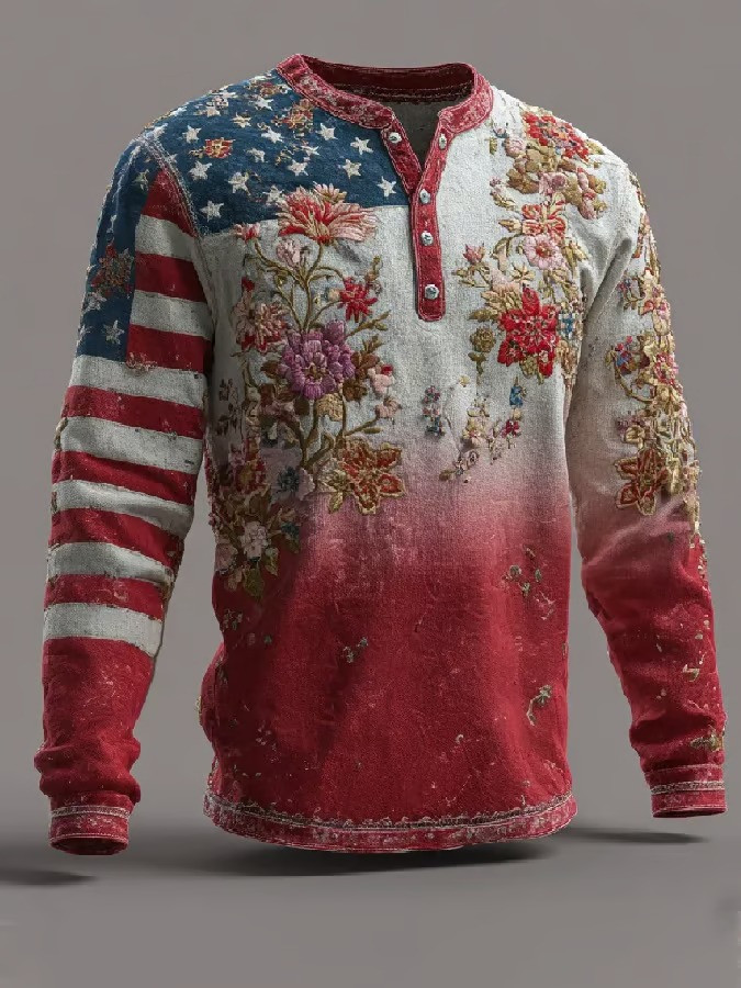 Patriotic Vintage Floral American Button Long Sleeve Shirt 250th Anniversary USA Patriotic Gift For Her Patriotic Vintage Floral American Button Long Sleeve Shirt 250th Anniversary USA Patriotic Gift For Her - Image 1