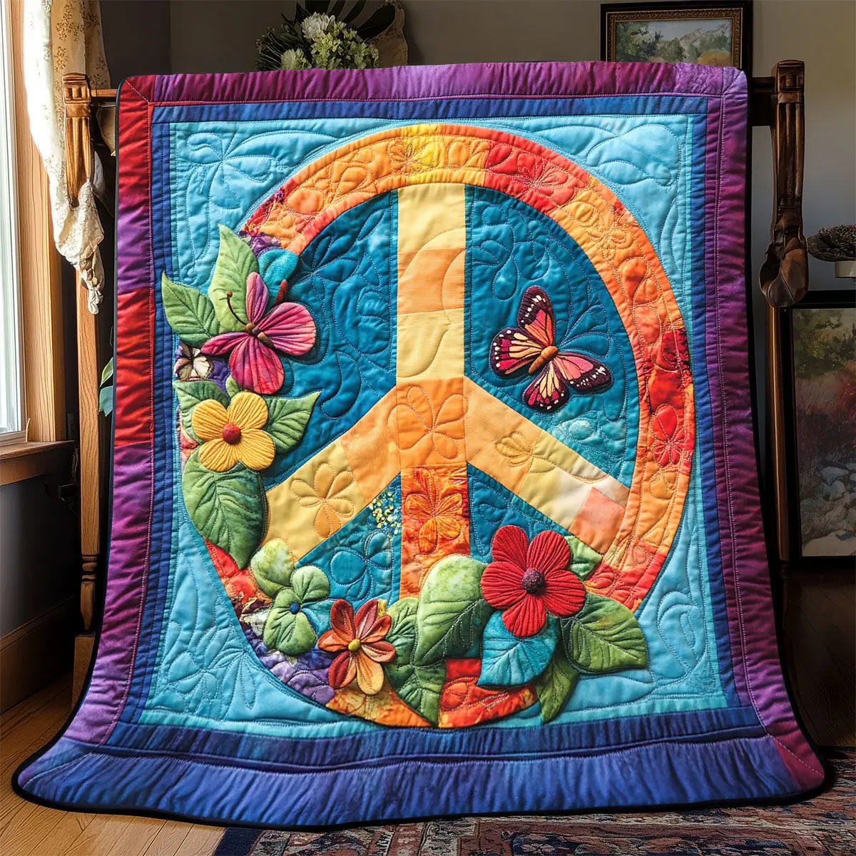 Peace Sign Flower Quilt Luxury Throw Blankets Gift Hippie Special Gifts For Him Her