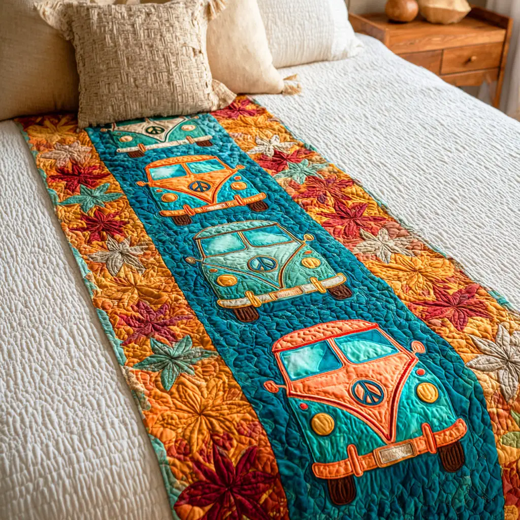 Peace Truck Ride Quilted Bed Runner Peace Truck Scene Hippie-Inspired Gift