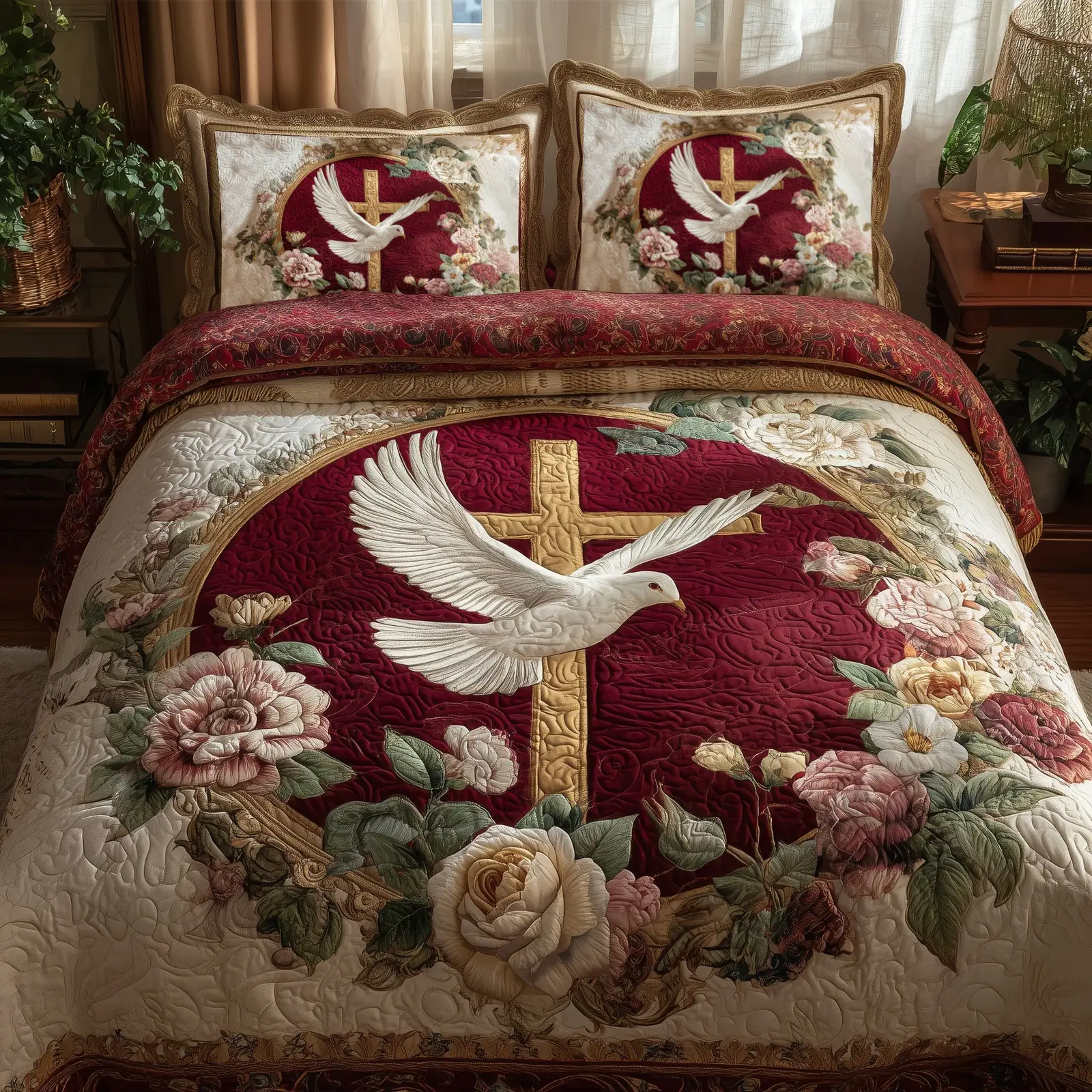 Peaceful Cross Quilted Bedding Set Cozy Bedroom Peaceful Cross Quilted Bedding Set Cozy Bedroom - Image 1