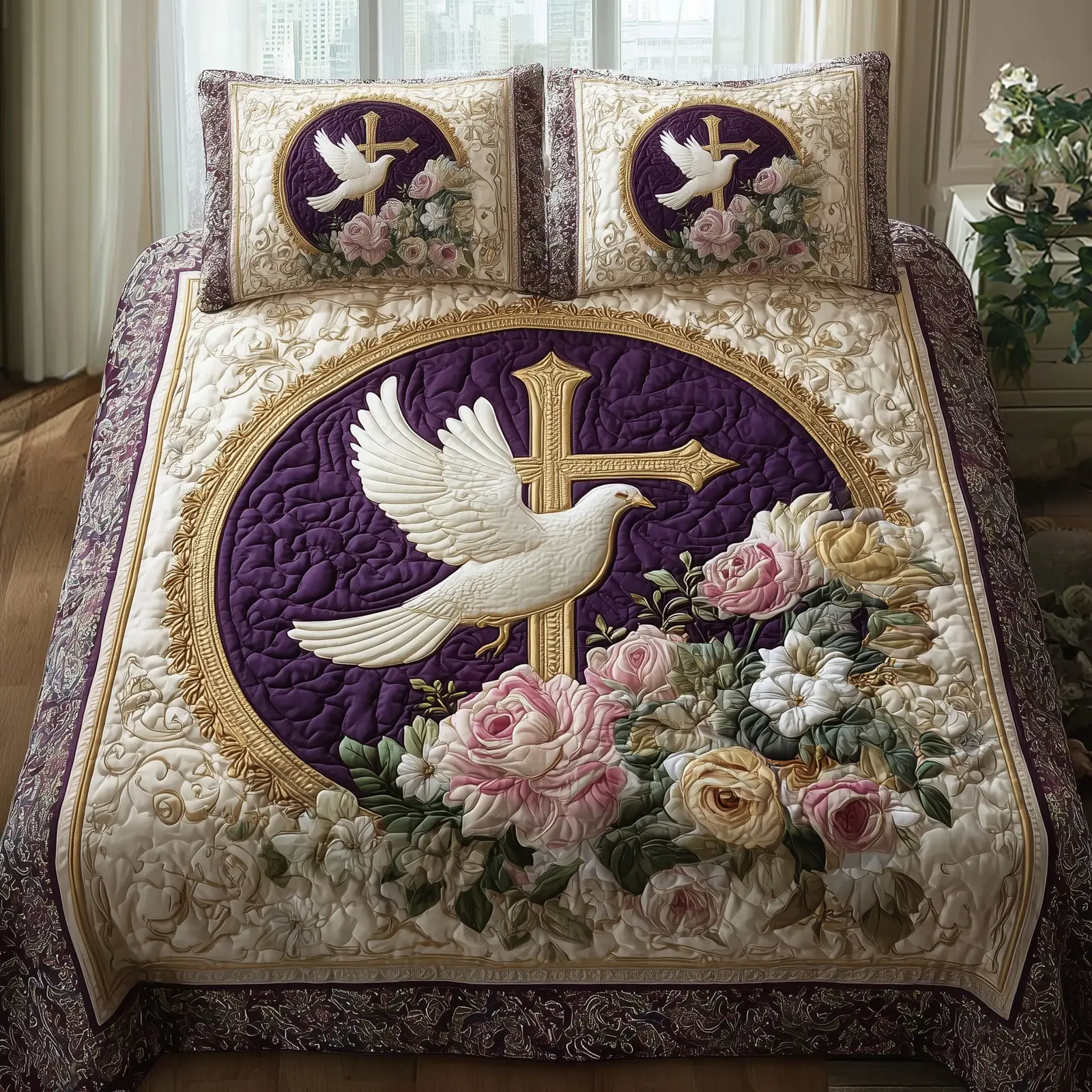 Peaceful Cross Quilted Bedding Set Ultimate Comfort