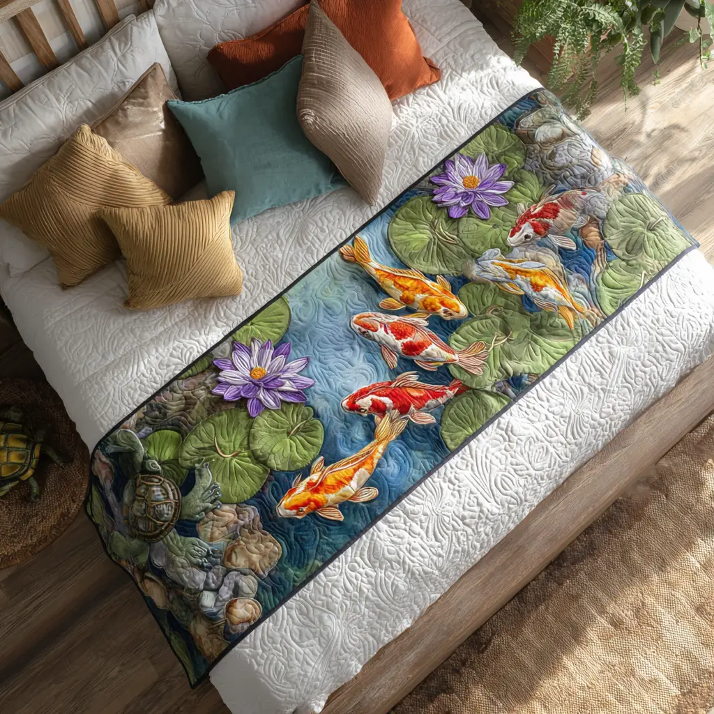 Peaceful Koi Quilted Bed Runner Peaceful Koi Pond Zen Home Gift