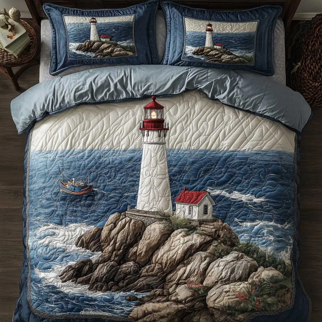 Peaceful Lighthouse Coastline Quilted Bedding Set Duvet Cover Bedspread Gifts For Ladies