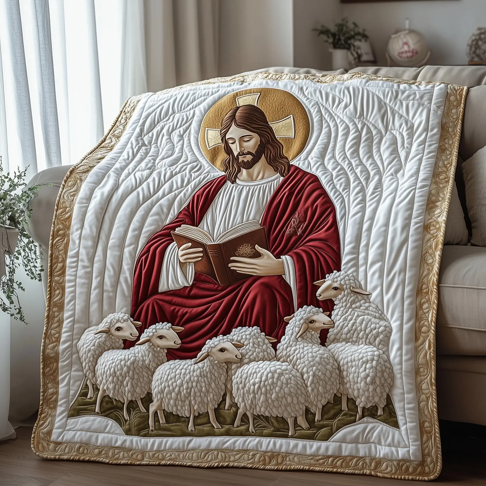 Peaceful Shepherd Of Wisdom Quilted Blanket Jesus Reading Among His Sheep Gifts For Christmas
