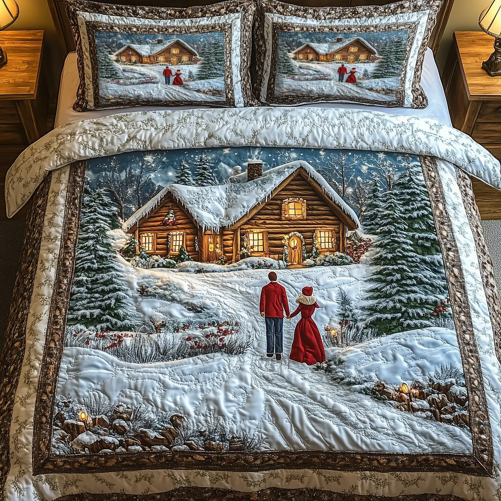 Peaceful Snow Cabin Christmas Quilted Bedding Set Duvet Cover Bedspread Xmas Gifts For Lovers