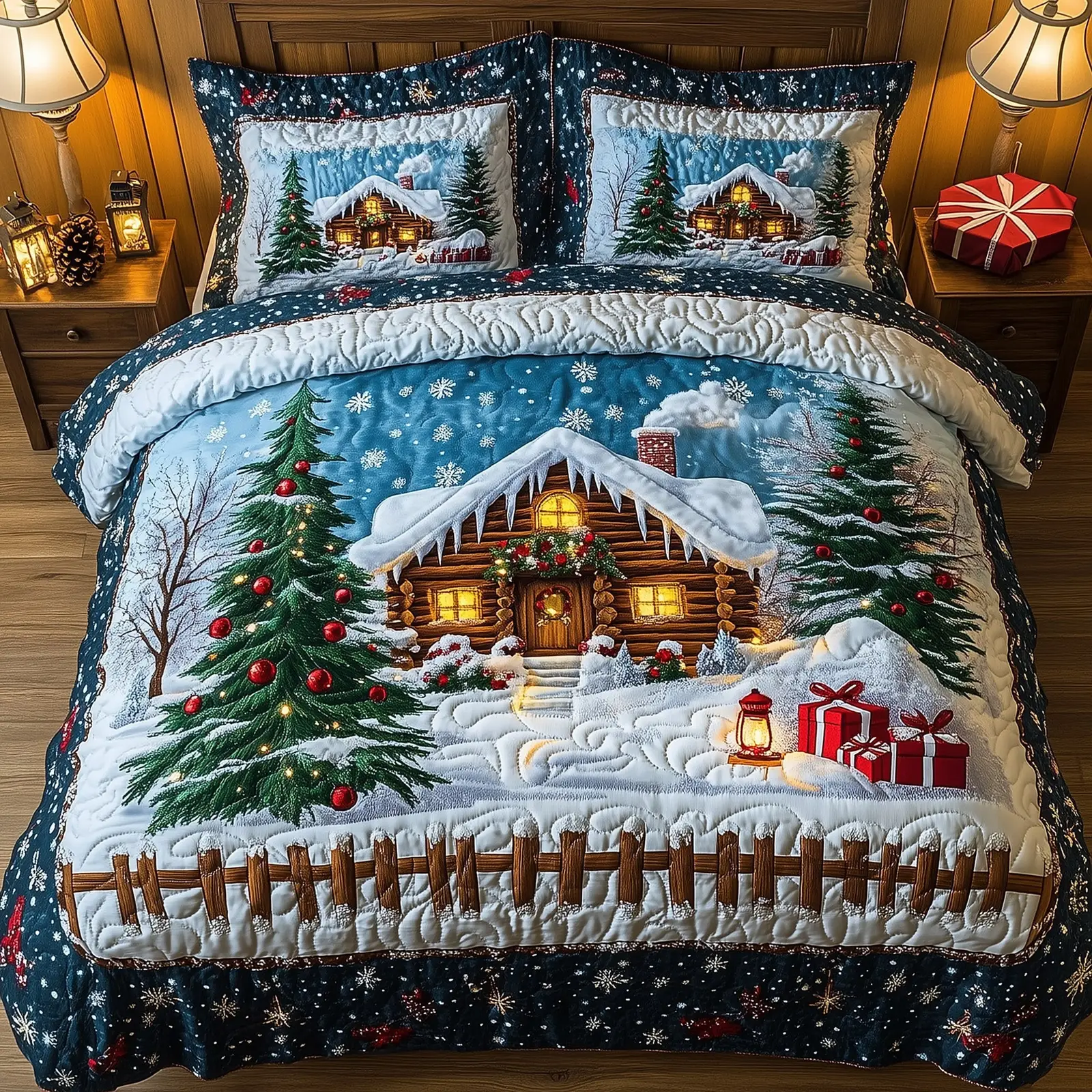 Peaceful Snow Cabin Quilted Bedding Set Duvet Cover Bedspread Xmas Holiday Gifts