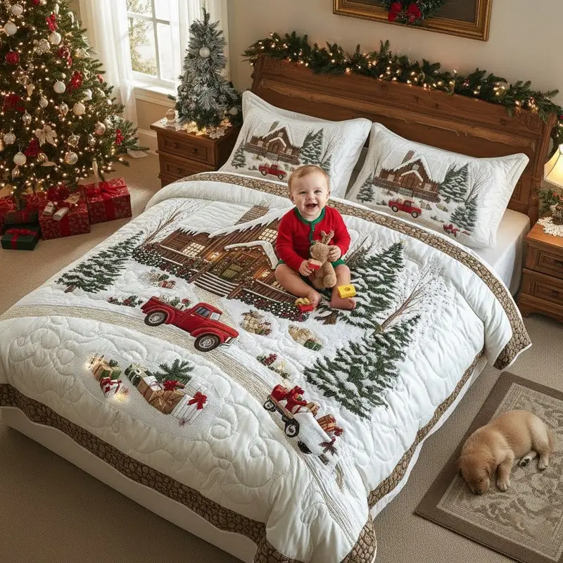 Peaceful Snow Cabin Quilted Bedding Set Winter Cabin Bedroom Decor Cozy Holiday Gift Ideas