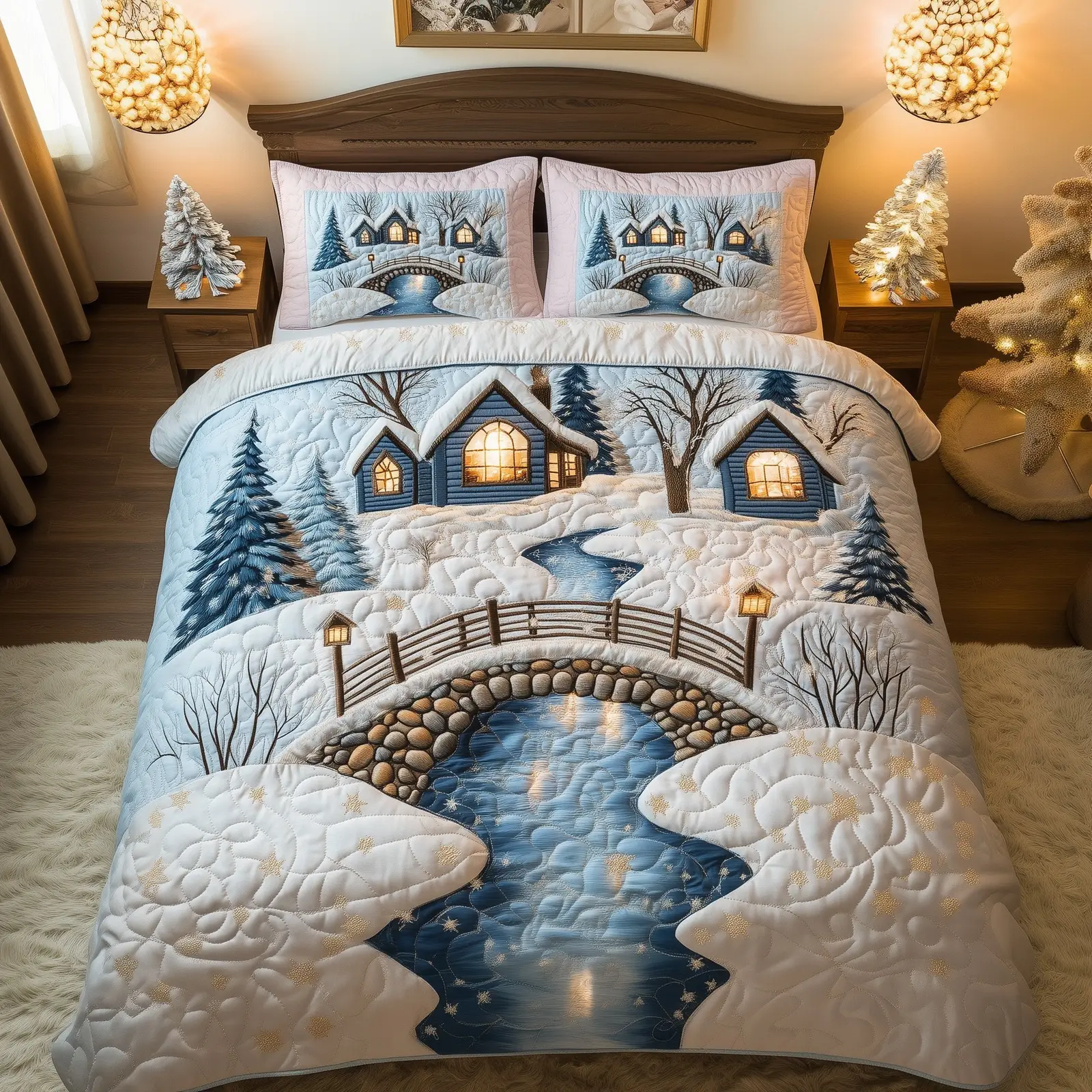 Peaceful Snow Village Christmas Quilted Bedding Set Duvet Cover Bedspread Gifts For Christmas