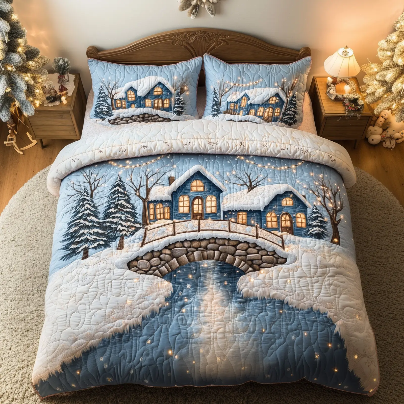 Peaceful Snow Village Christmas Quilted Bedding Set Duvet Cover Bedspread Gifts For Her