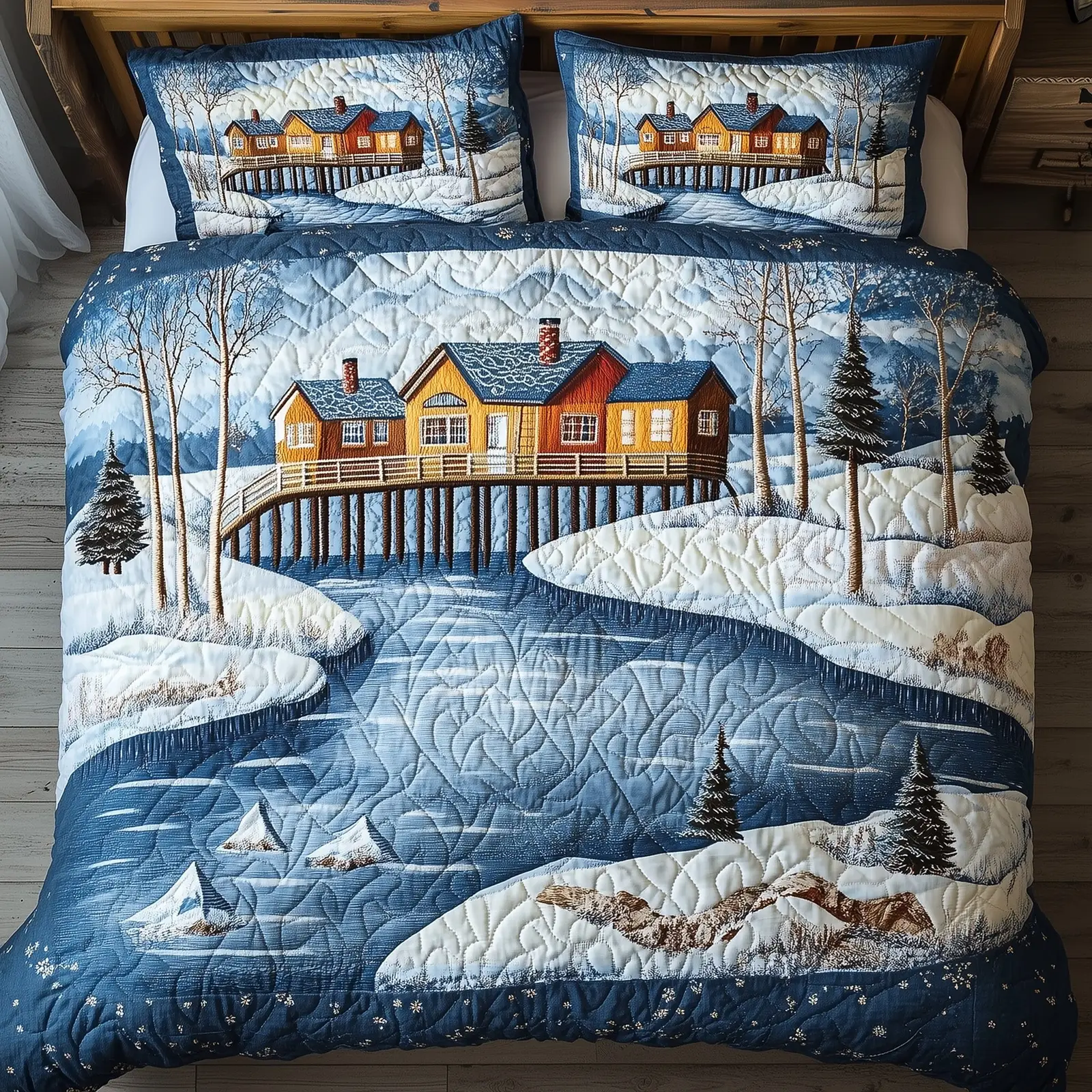 Peaceful Snow Village Christmas Quilted Bedding Set Duvet Cover Bedspread Xmas Gifts For Husband