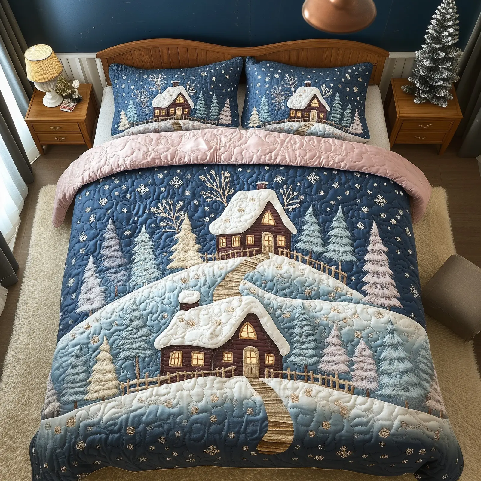 Peaceful Snow Village Christmas Quilted Bedding Set Duvet Cover Bedspread Xmas Gifts For Wife