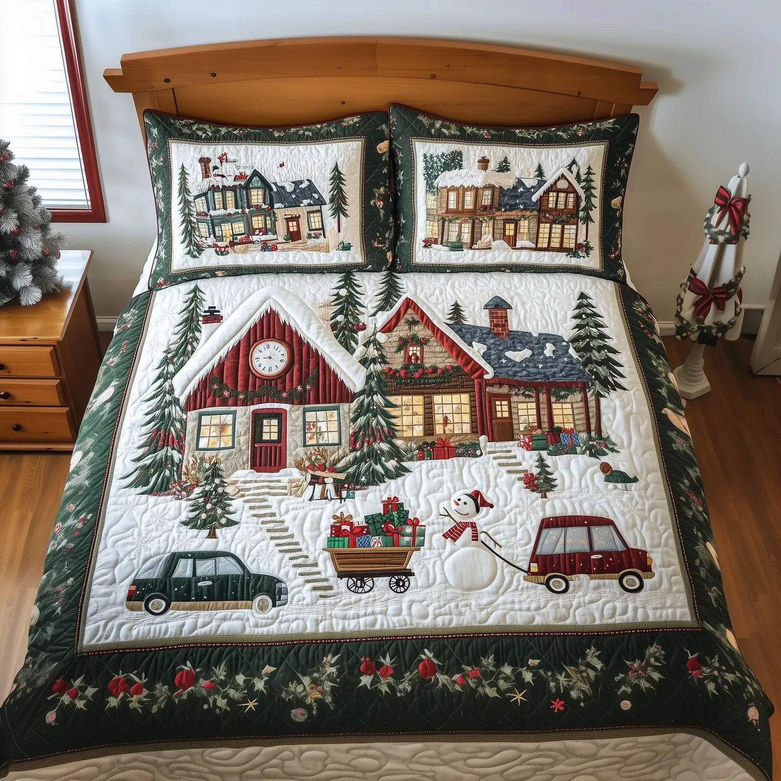 Peaceful Snow Village Christmas Quilted Bedding Set Duvet Cover Bedspread Xmas Gifts