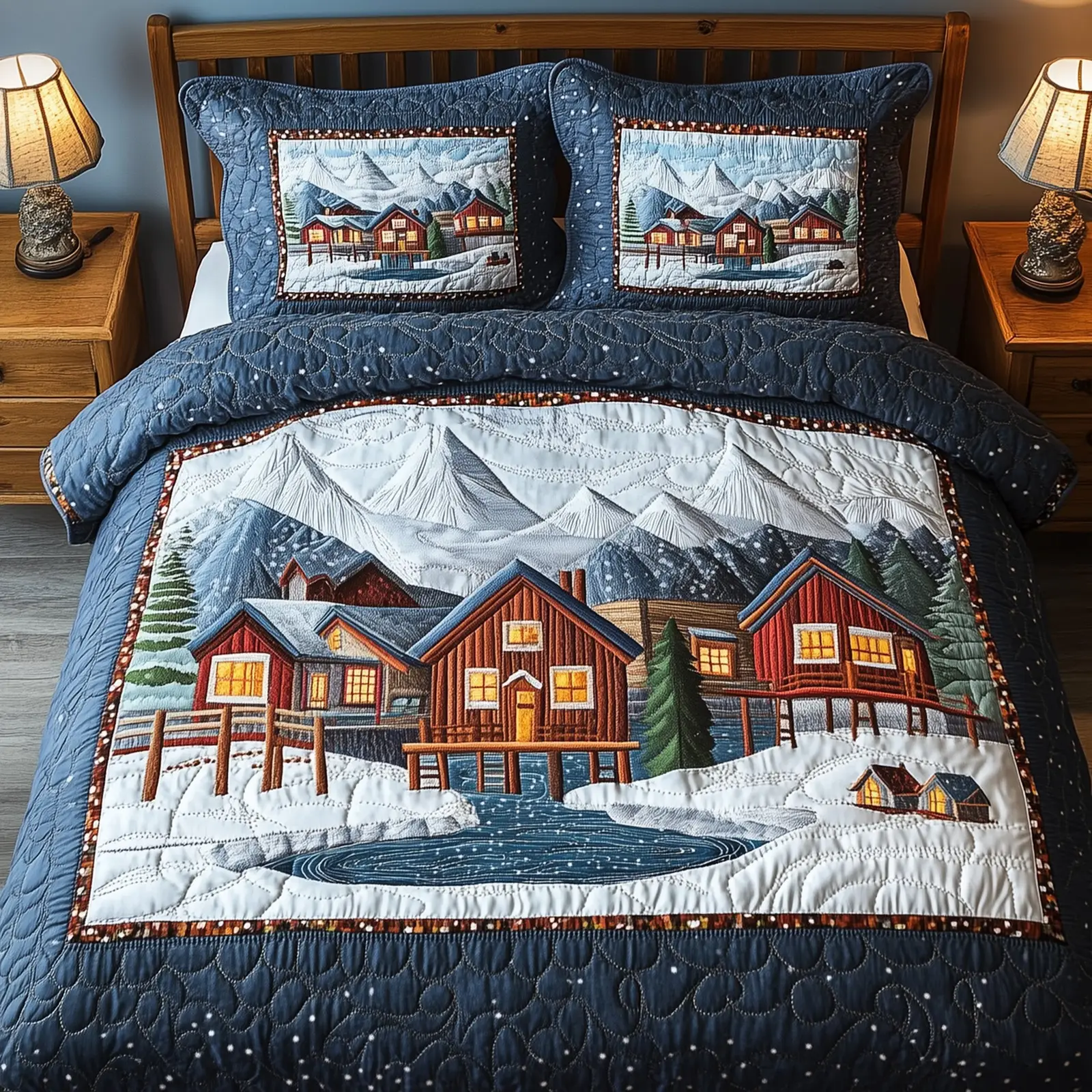 Peaceful Snow Village Christmas Quilted Bedding Set Duvet Cover Bedspread Xmas Present Ideas