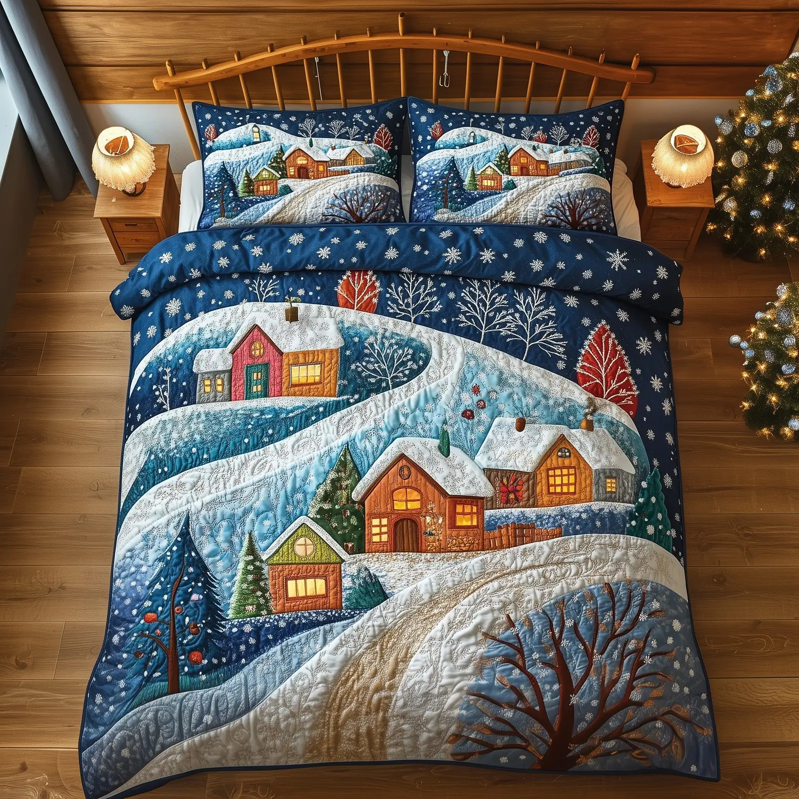 Peaceful Snow Village Christmas Quilted Bedding Set Duvet Cover Bedspread Xmas Presents For Family