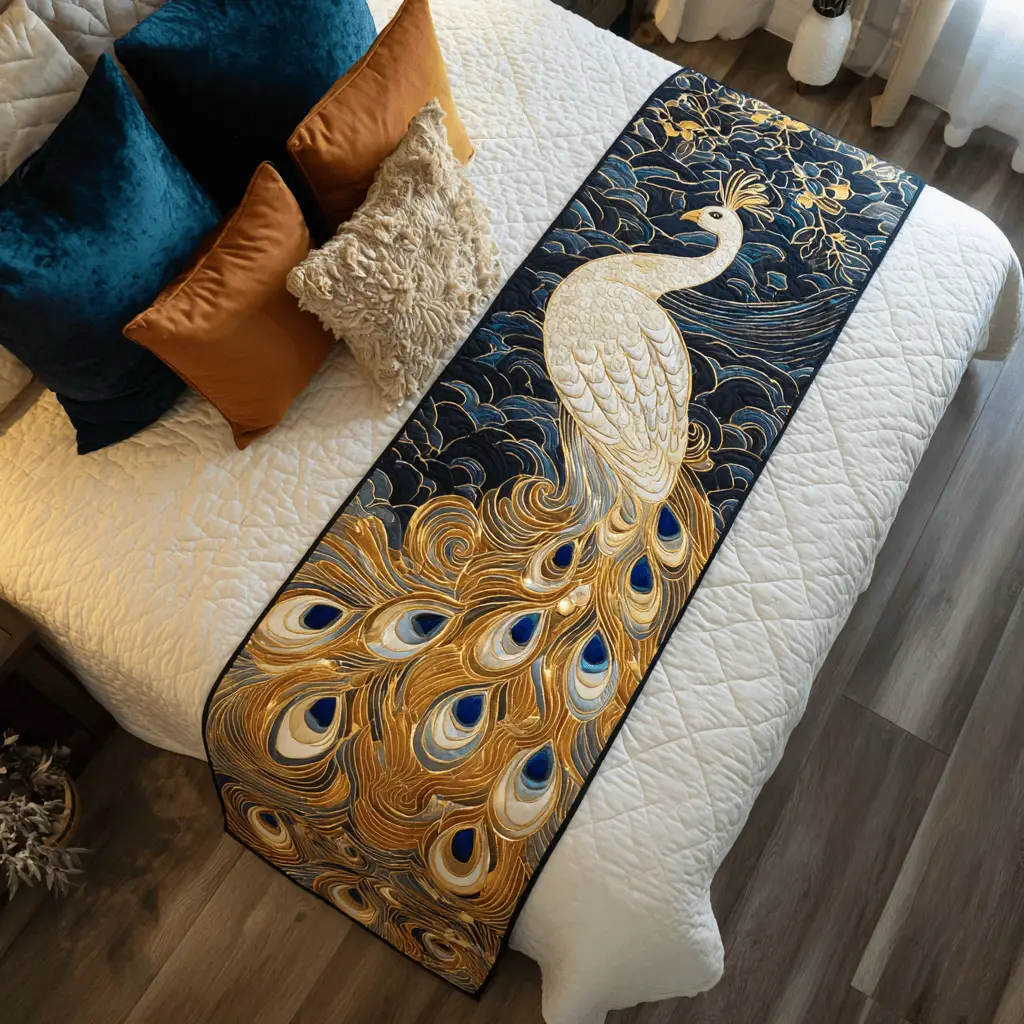 Peacock Aura Quilted Bed Runner Peacock Aura Beauty Elegant Home Gift